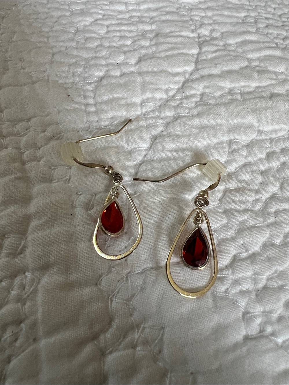 Elegant Silver Teardrop Earrings with Red Gemstones